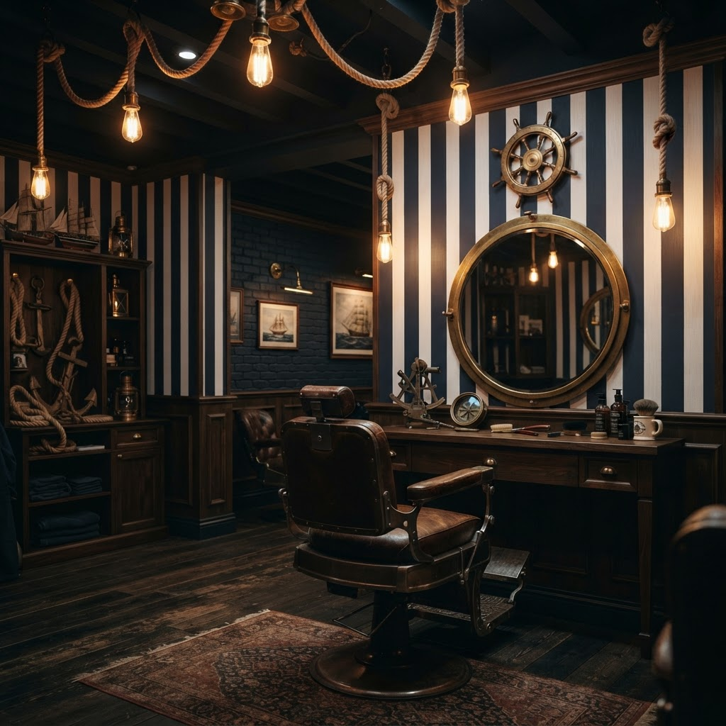 Wnętrze barbershopu Marina Barber Bay w morskim klimacie